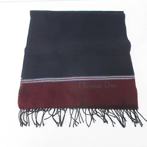 Christian Dior カシミヤ フリンジマフラー チェック 紺 Christian Dior カシミヤ フリンジマフラー チェック 紺 楽天