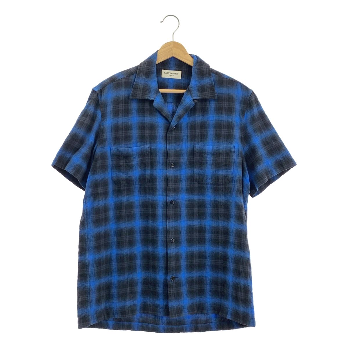 SAINT LAURENT PARIS | サンローランパリ | オンブレチェック オープンカラー 半袖シャツ | 36 |14 | ブルー | ブラック | メンズ