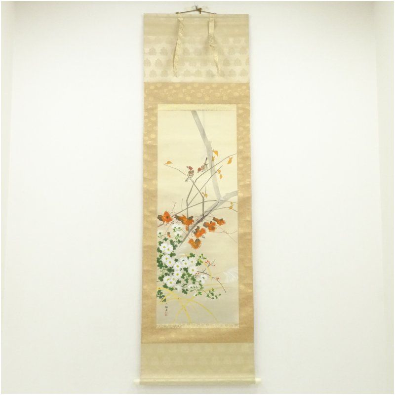 【絹本】肉筆掛け軸花鳥画　細筆画「鶴と松」美術品　絵画　和室　茶室　床の間 絹本】肉筆掛け軸花鳥画 細筆画「鶴と松」美術品 絵画 和室 茶室