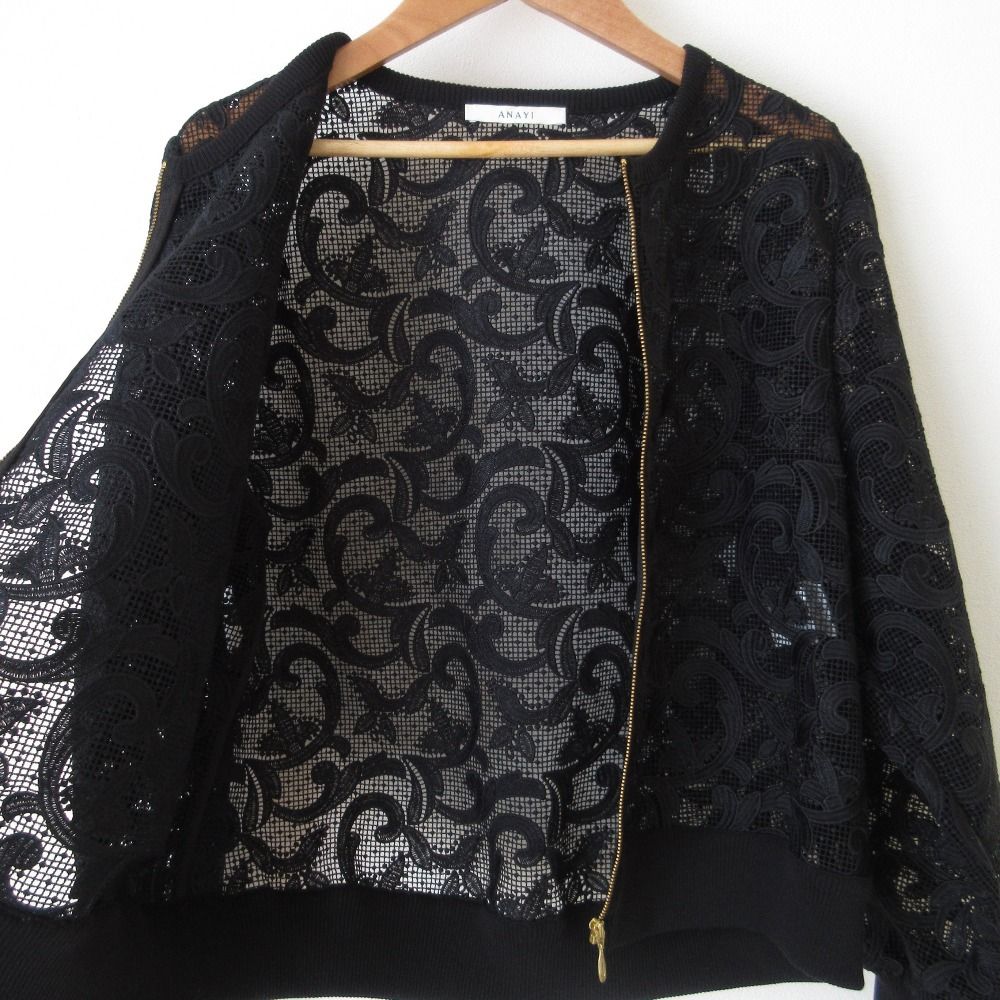 ANAYI ブラック レース ノーカラージャケット ANAYI ジャケット ノーカラージャケット ライトスラブノーカラー