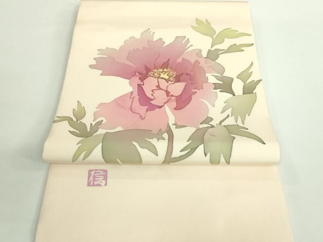 平和屋着物 上 塩瀬 つけ帯 作家物 枝花文 ろうけつ染 薄香色地 DZAA9760kh5