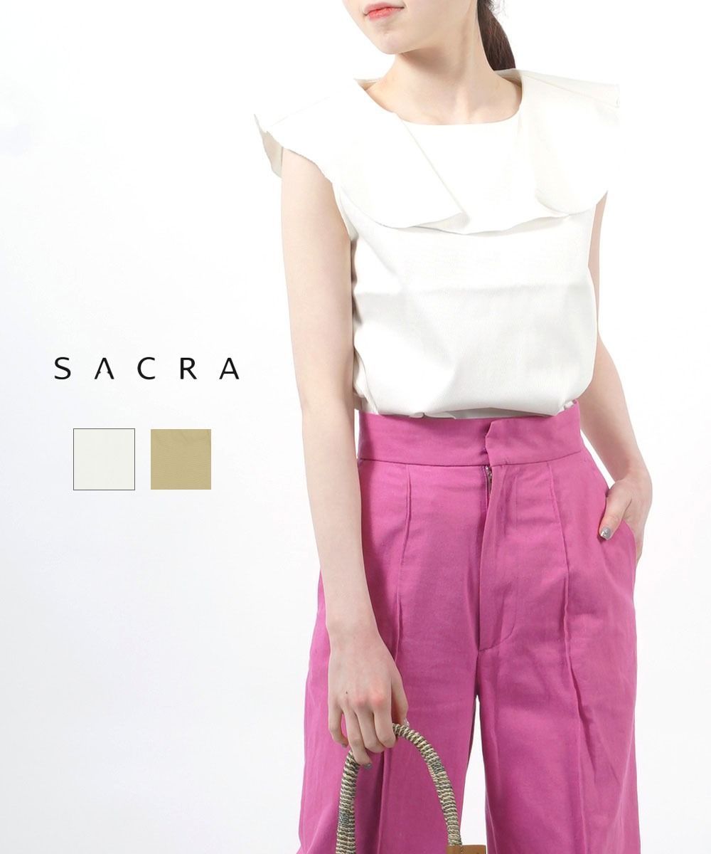 【新品 SACRA】フリル付きベージュノースリーブ サクラ SACRA ノースリーブ カットソー ストレッチ コットン