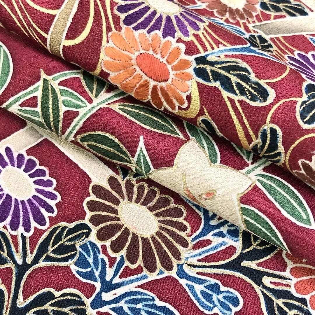 付下げ 花草模様 菊 桔梗 金彩 刺繍 海老色 オンライン K-3656