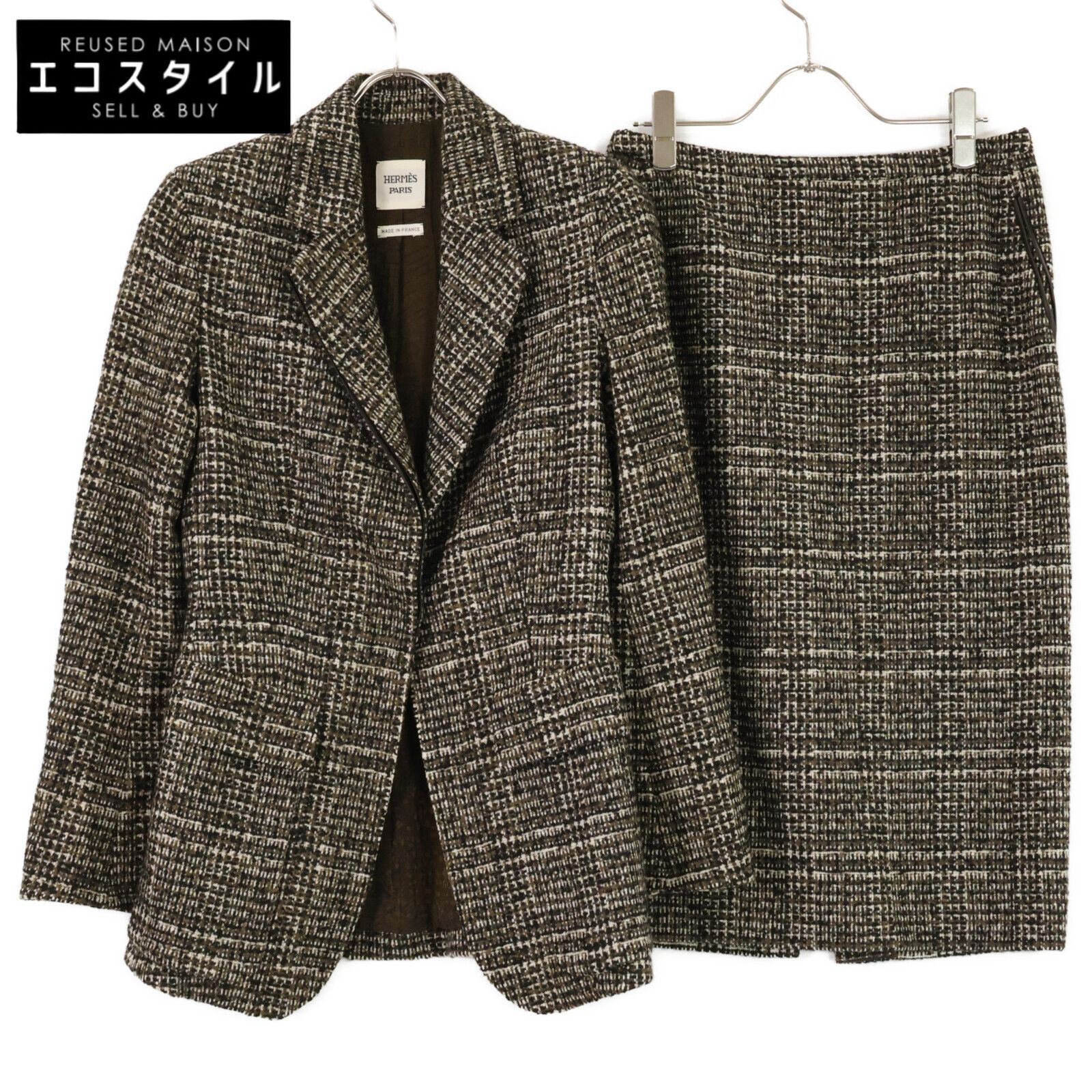 HERMES エルメス | 正規 カシミヤ混 ツイード ロングジャケット|スカート 36