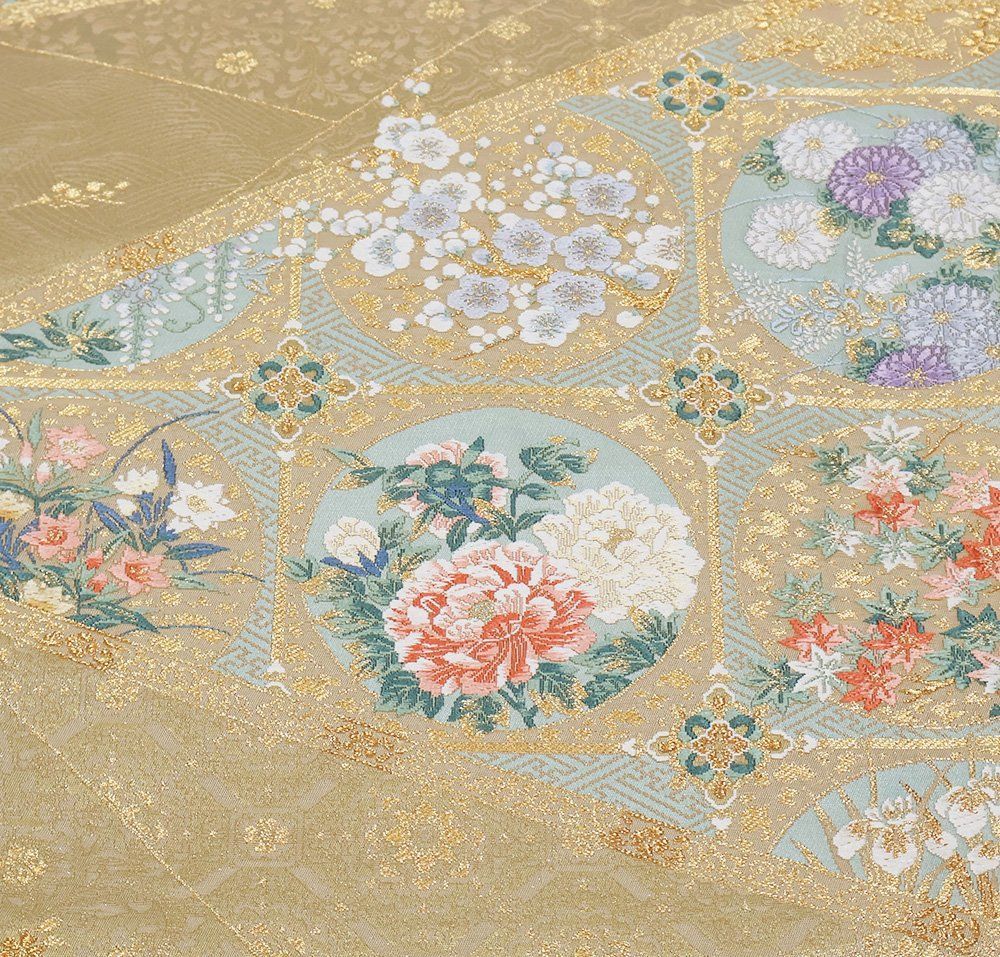 高級 正絹 袋帯 礼装 フォーマル 洒落帯　夏用　銀箔　露芝　お花　121 高級 正絹 袋帯 礼装 フォーマル 洒落帯 金箔 植物文 幾何学模様