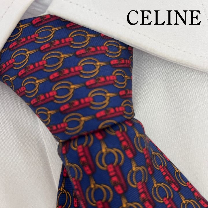 美品》CELINE (セリーヌ) シルクネクタイ スペイン製 総柄 馬具