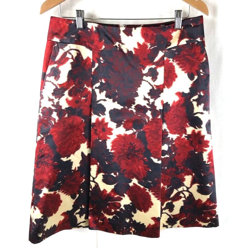 タルボット TALBOTS スカート 柄模様 花 サイドポケット 裏地付き プリーツ ファスナー 赤系 10Pサイズ 941297
