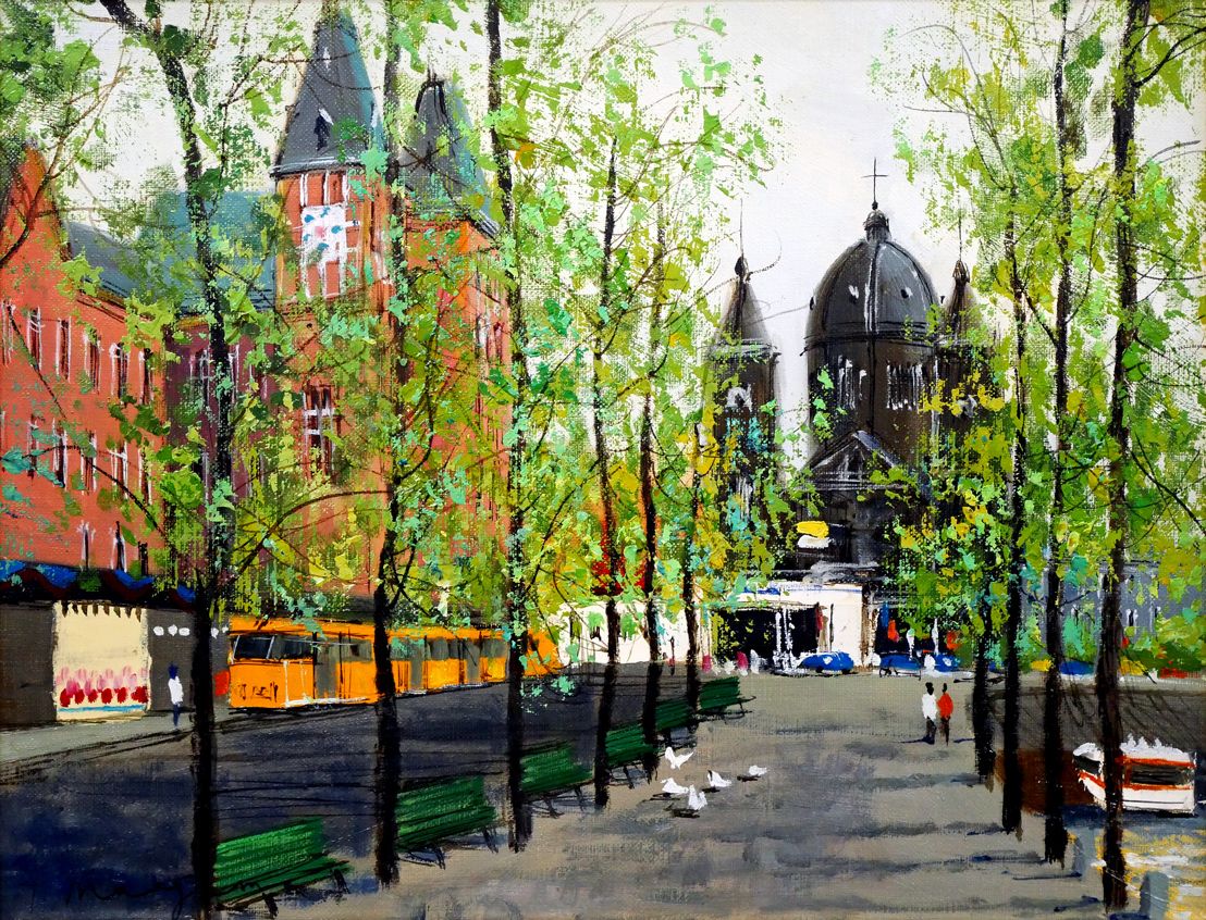 阪倉宜暢「運河の橋のたもと（オランダ・アムステルダム）」15号油彩,古い街並み 阪倉宜暢「運河の橋のたもと（オランダ・アムステルダム）」15号