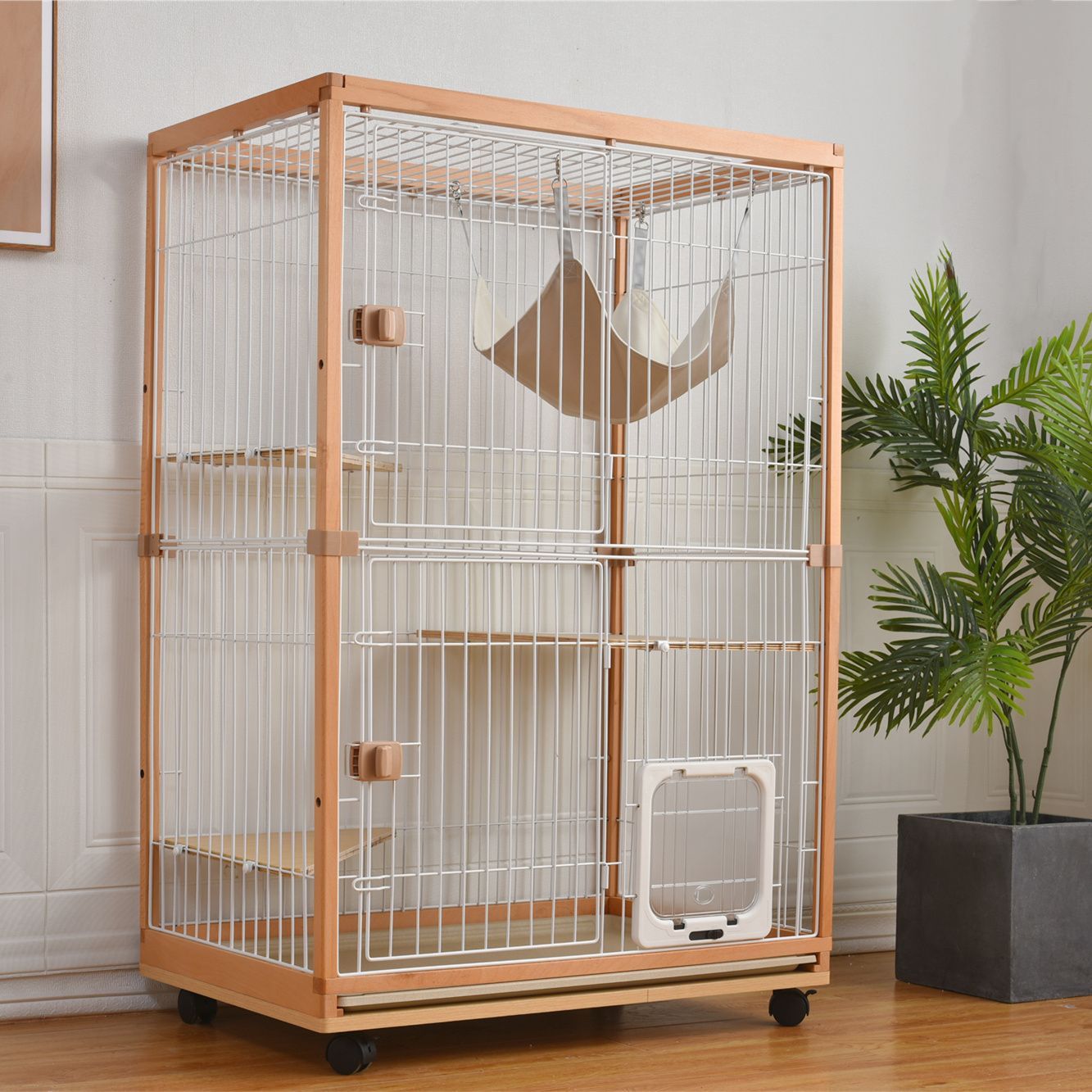 段木製フレーム猫ケージ｜ハンモック付属｜広々大型空間｜スチール製