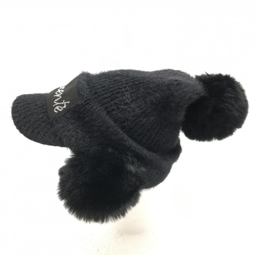 超美品】デサントゴルフ 耳当て付きつば付ニット帽 黒 フェイクファー