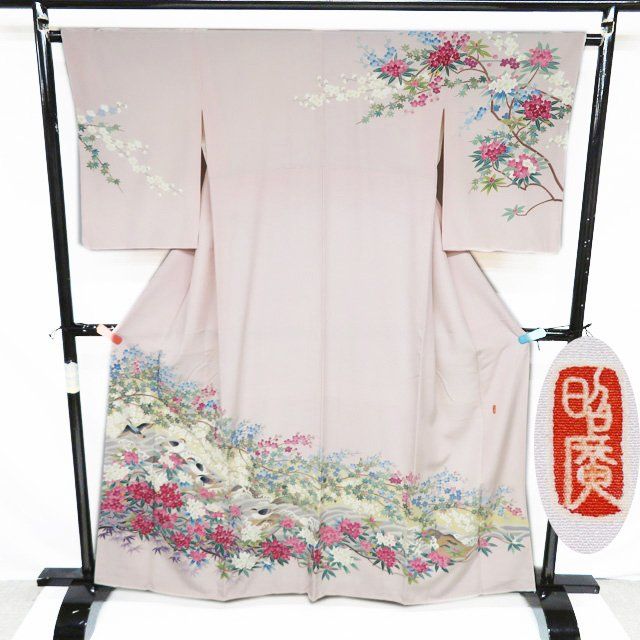 訪問着 着物 中古 正絹 袷 フォーマル 作家物 落款 波に花鳥の図 桜色 多色 身丈161cm 裄64cm M きもの北條 A1132-1 訪問着 着物 中古 正絹 袷 フォーマル 作家物 落款 波に花鳥の図 桜色