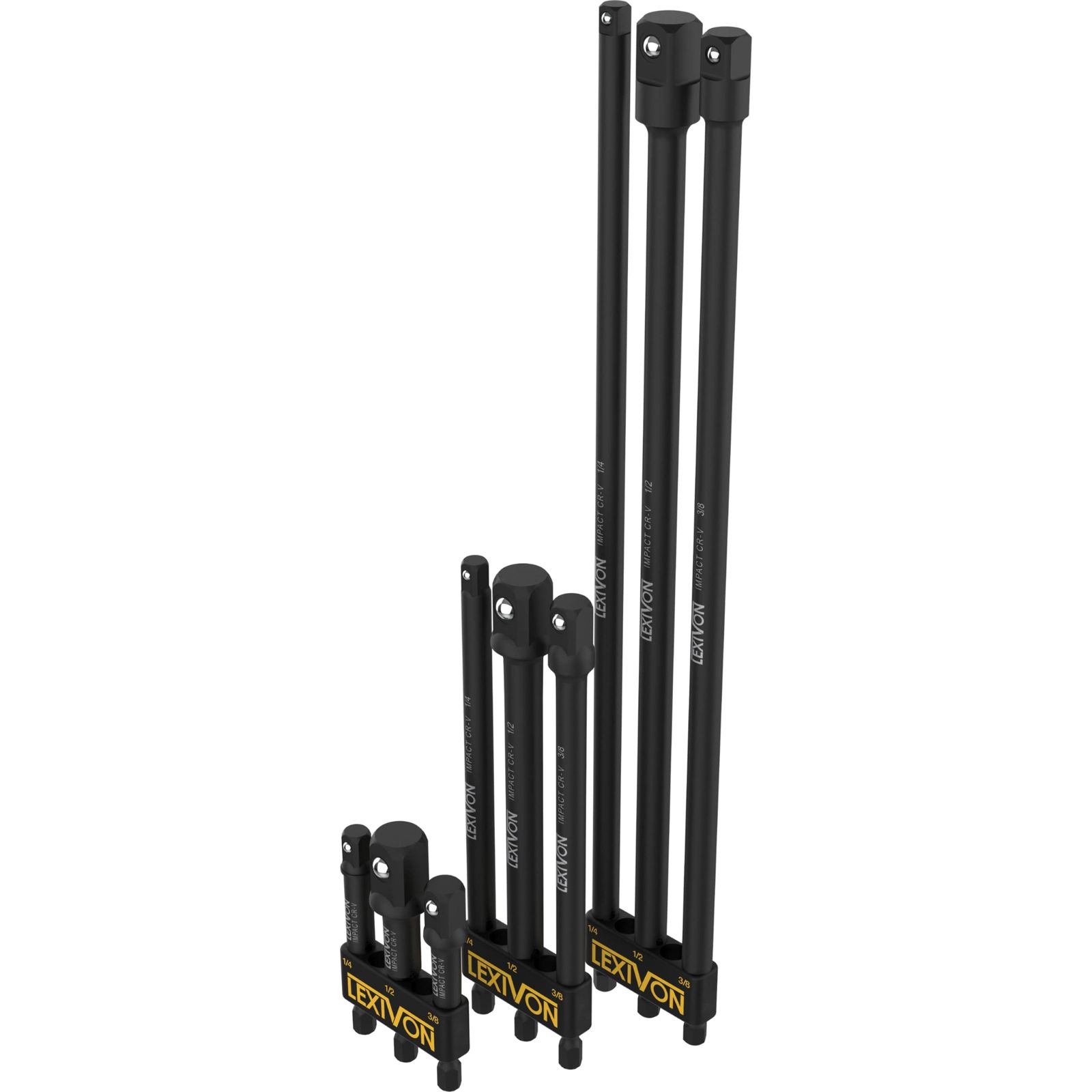 【迅速発送】LEXIVON インパクトグレードソケットアダプターセット (9個入り)、76.2mm(3インチ)、152.4mm(6インチ)、304.8mm(12インチ) ホルダー付延長ビット | 6.35mm (1/4インチ)、9.5mm (3/8インチ)、1