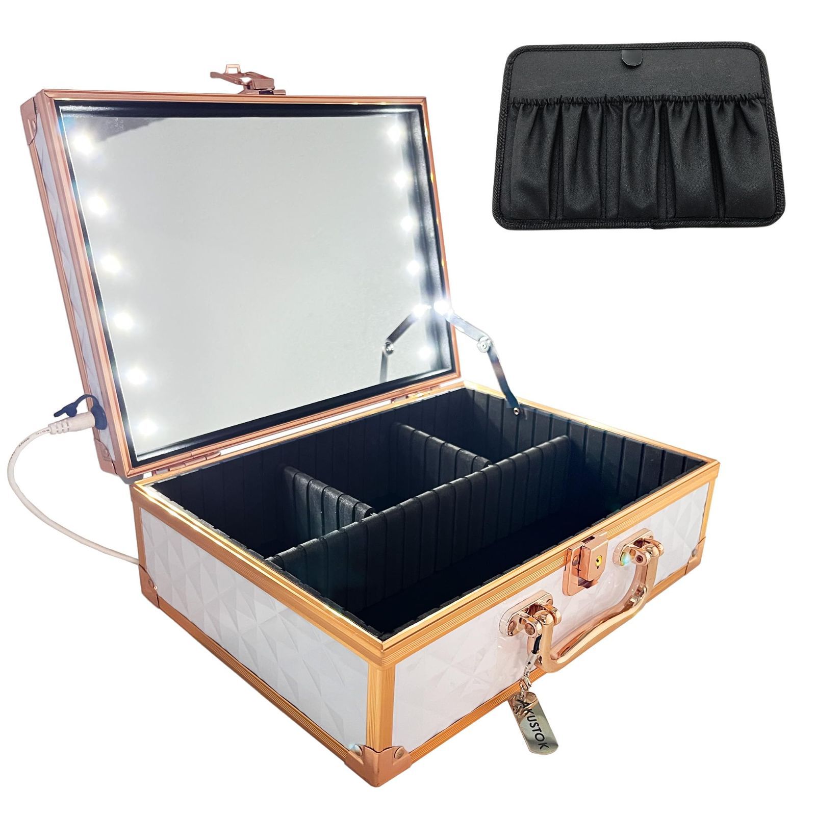 Rose G AKUSTOK メイクボックス 鏡付き LED照明 持運び 大容量 プロ用 USB接続 ブラシホルダー Rose G