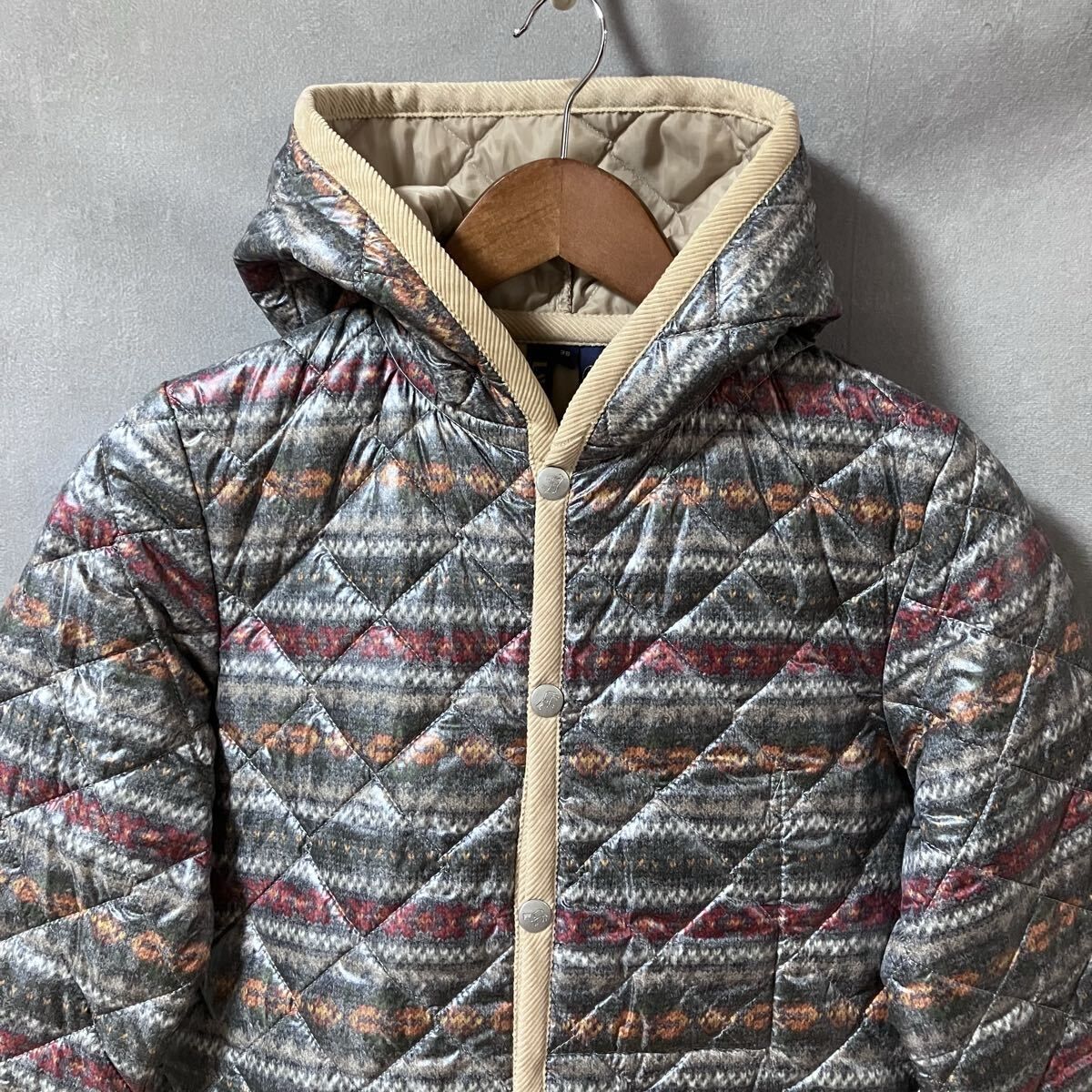 LAVENHAM ラベンハム 別注 ナイロン 中綿 転写 プリント フード キルティング ジャケット size.38 M グレー系 総柄