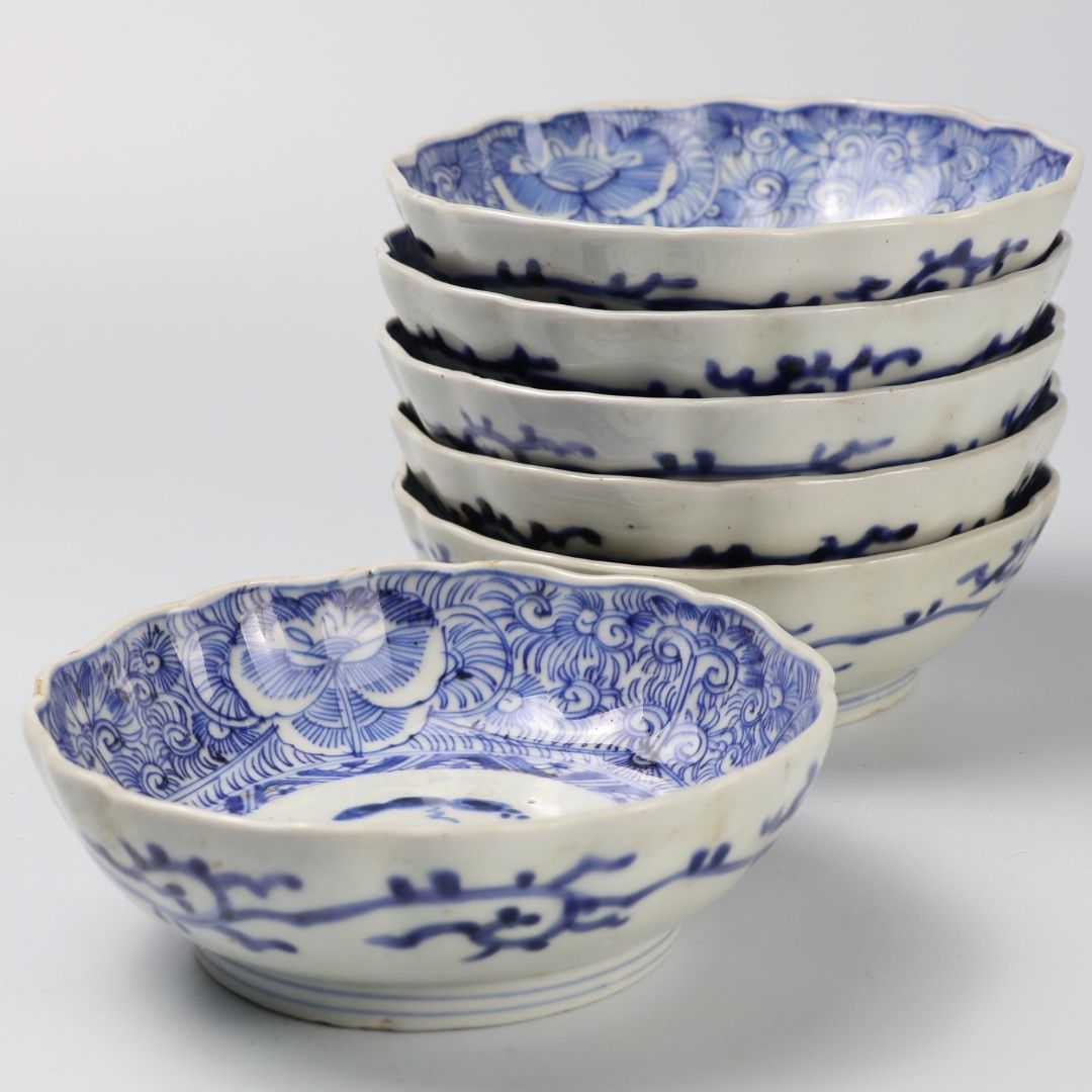 伊万里焼　アンティーク 316 染付 線描 古伊万里 伊万里焼 骨董 アンティーク 膾皿 6枚セット