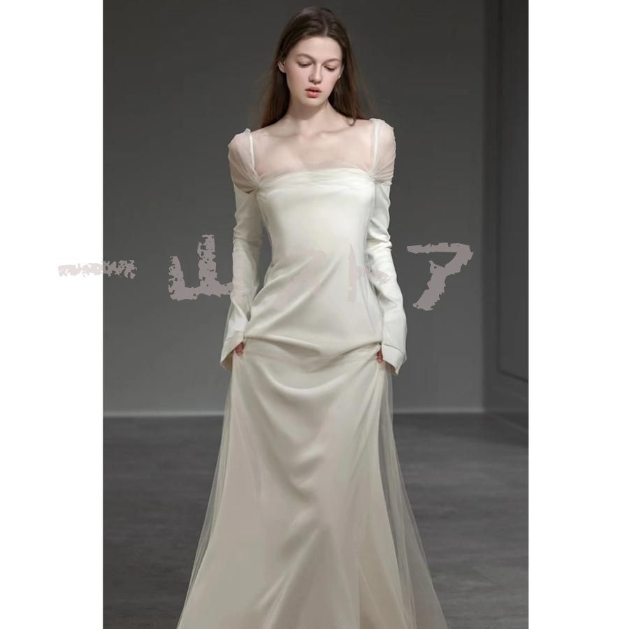 ウェディングドレス ロングドレス スレンダードレス 長袖 オフショルダー サテン ファスナー 二次会 結婚式 前撮り ブライダル 花嫁 ウエデ MAAHADDERANG_COM