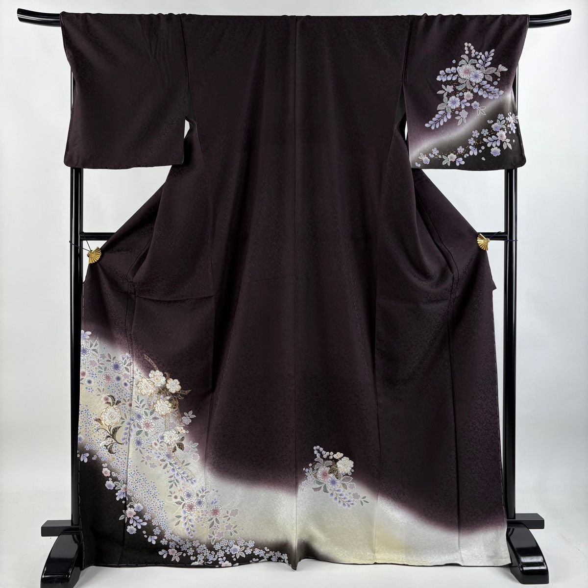 付下げ 身丈172.5cm 裄丈70.5cm L 袷 草花 花唐草 ラメ 金彩 茶紫 正絹 秀品