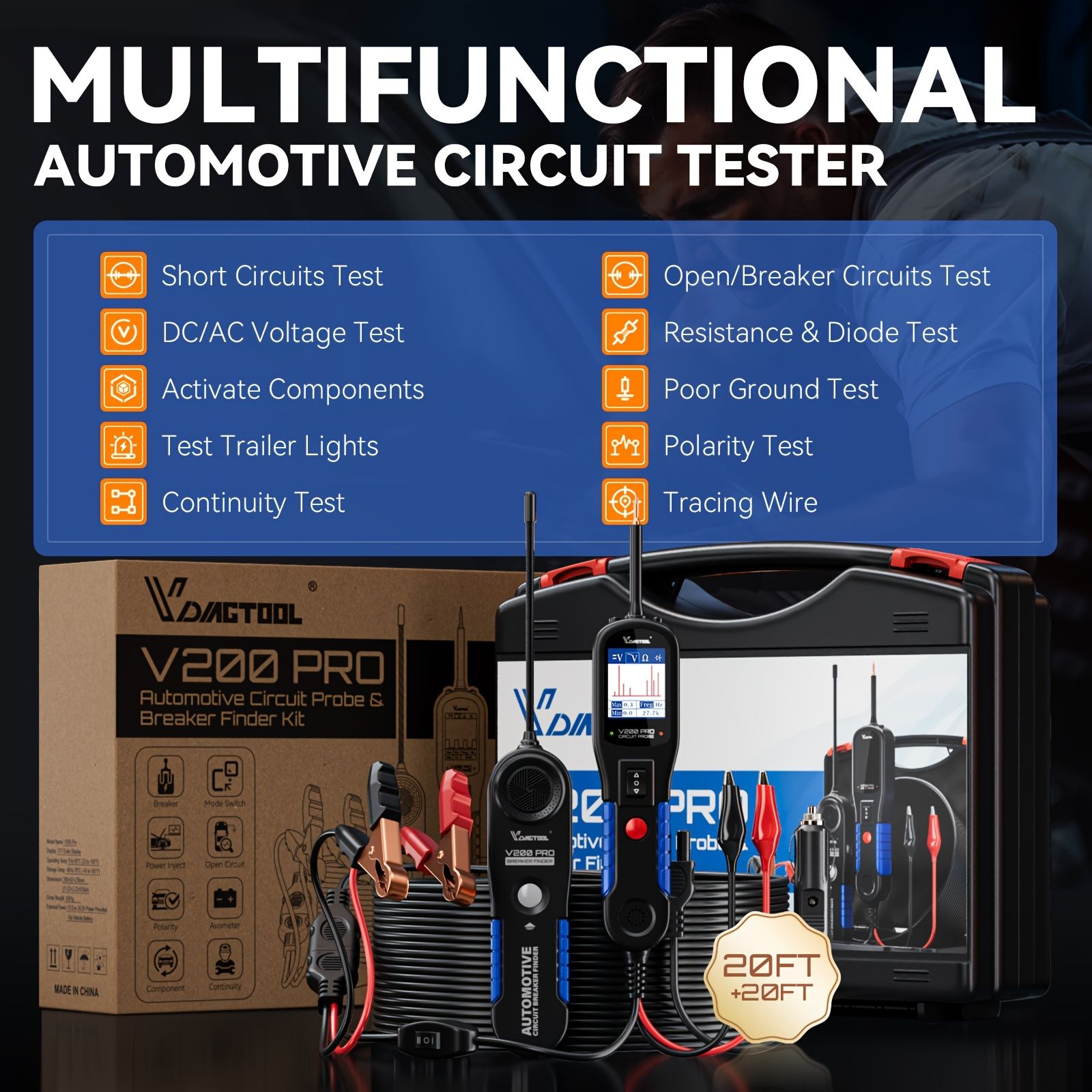 VDIAGTOOL V200 PRO 自動車用電源回路プローブテスター 12V|24V 短絡および開放回路検出器 電気リレー|電流診断ツール 全回路テスト AC|DC 電圧測定 ディスプレイダイオード測定 VDIAGTOOL