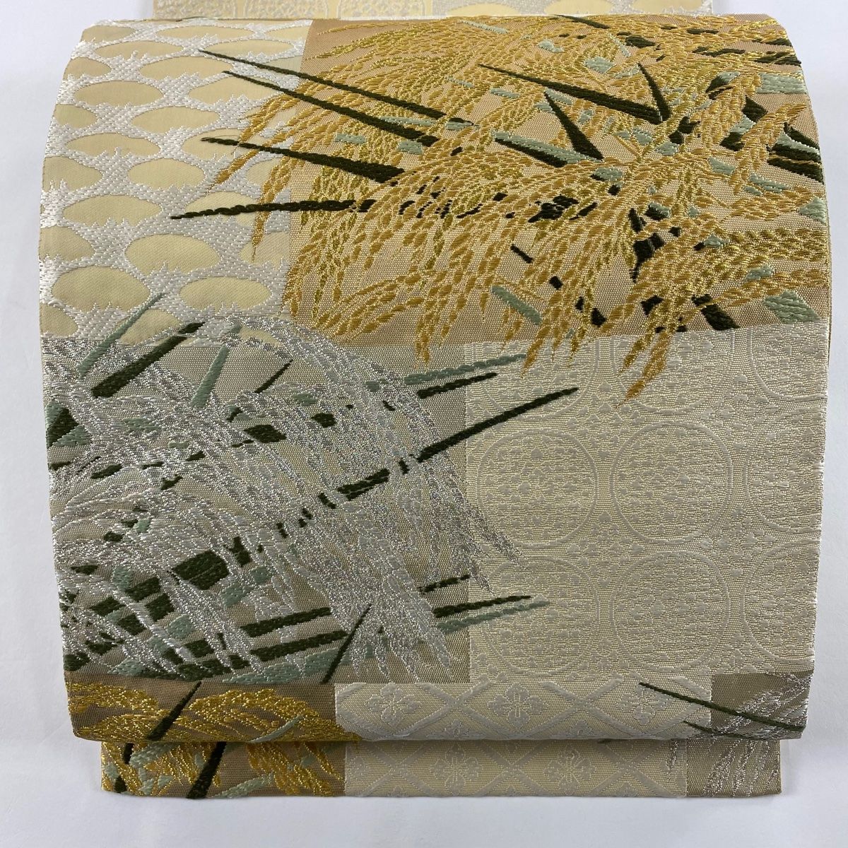 袋帯 落款 山口弘躬染織 有職早苗地豊穣文 稲 花菱 金銀糸 唐織 ベージュ お太鼓柄 正絹