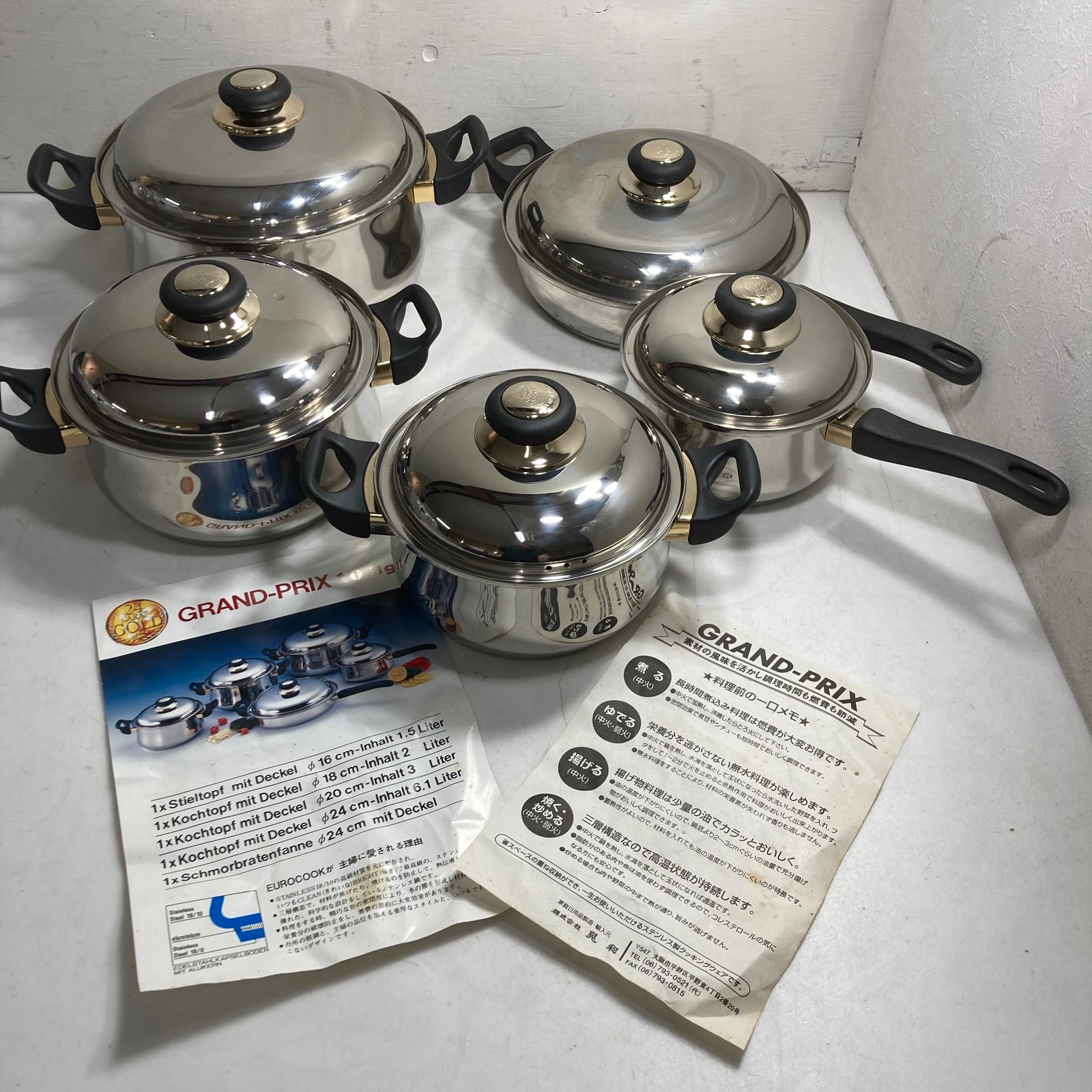 ☆ EUROCOOK ユーロクック ステンレス鍋 5点セット 鍋 Φ16㎝ 蓋つき片手鍋 1.5L Φ18㎝ 蓋つき両手鍋 2L Φ20cm蓋つき両手鍋  3L Φ24cm蓋つき両手鍋 6.1L Φ24cm蓋つきフライパ ン 6.50kg - メルカリ