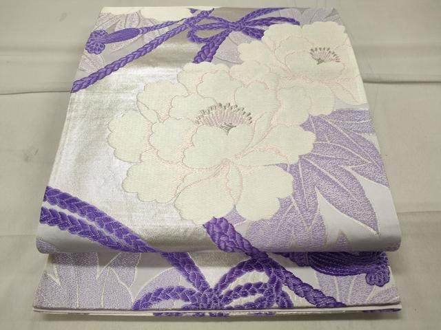 平和屋着物◎六通柄袋帯 牡丹花唐草文 銀糸 正絹 逸品 BAAU6899yc