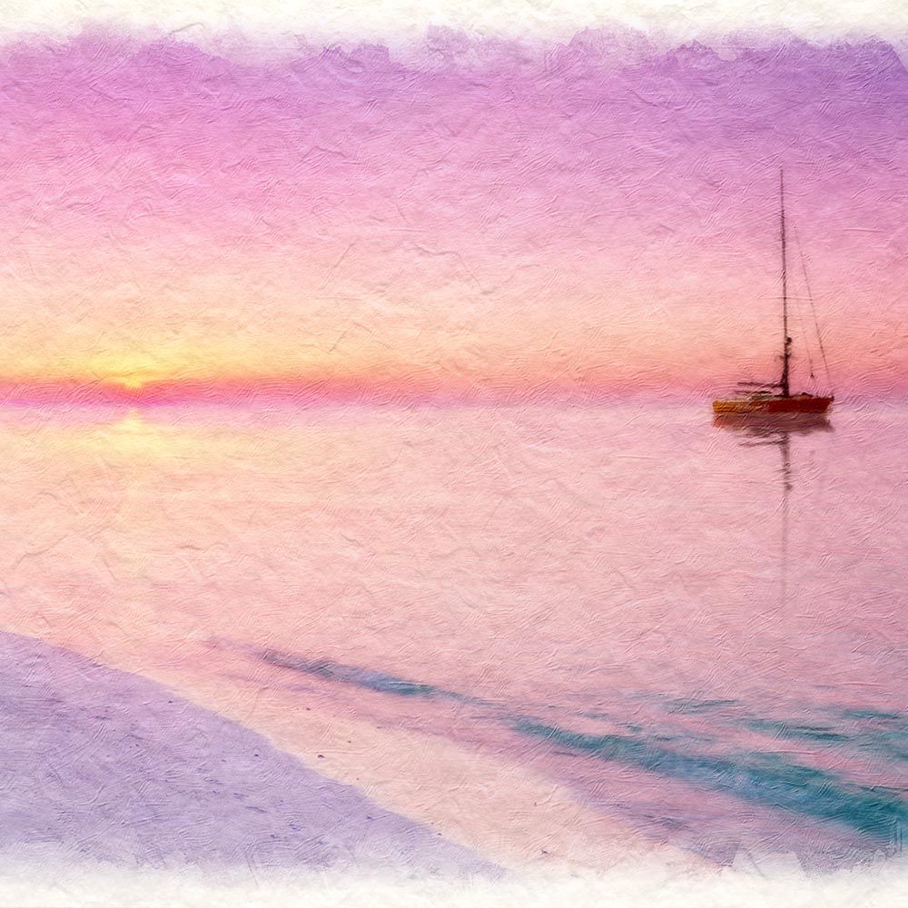 和紙の絵写真 「朝焼けの砂浜とヨット」 立体額縁付き 44x31cm 絵画
