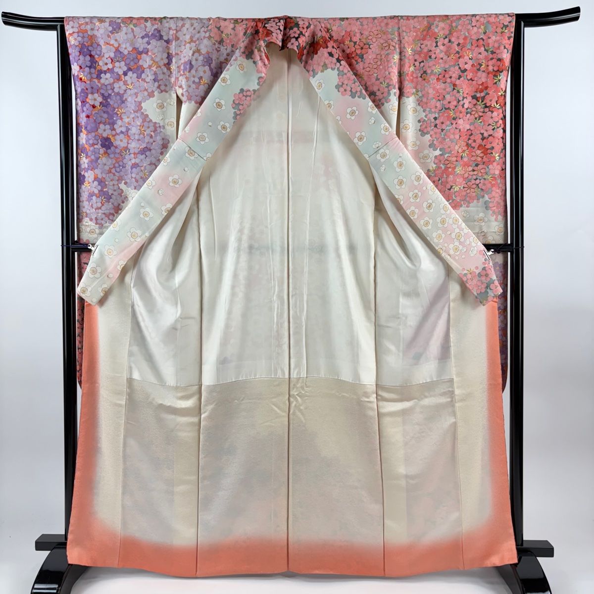 振袖 身丈165.5cm 裄丈63cm S 袷 草花 梅 金糸 金彩 ピンク 正絹 名品  