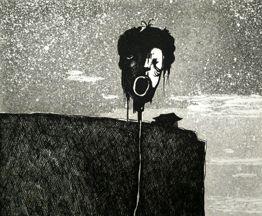 浜田知明　月夜　銅版画 浜田知明 銅版画『夜』35/60 額装 1988年制作/猫/仏芸術文化勲章