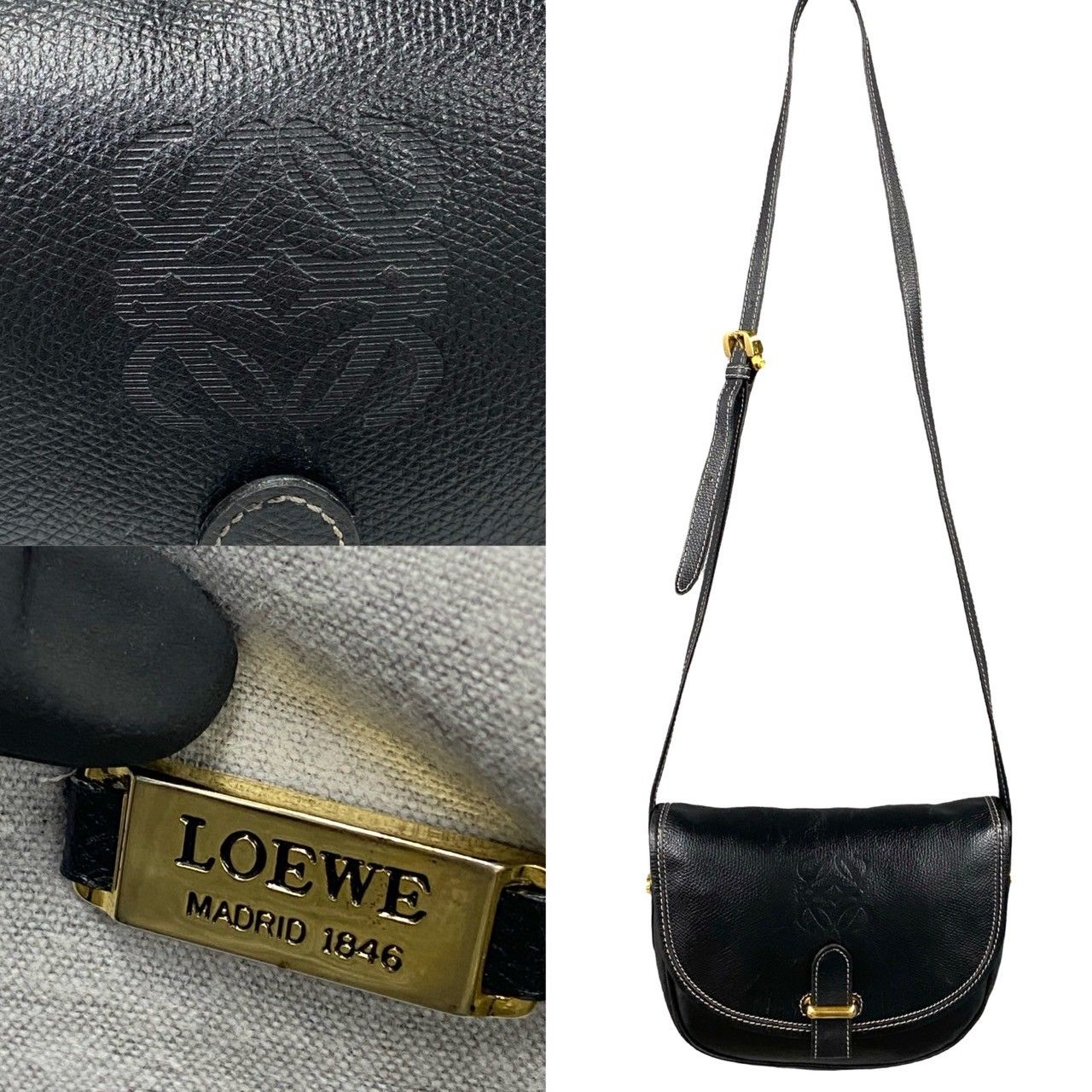 極 美品 LOEWE ロエベ ヴィンテージ アナグラム ロゴ レザー 本革 ミニ ショルダーバッグ ポシェット サコッシュ ブラック 81-10 -  メルカリ