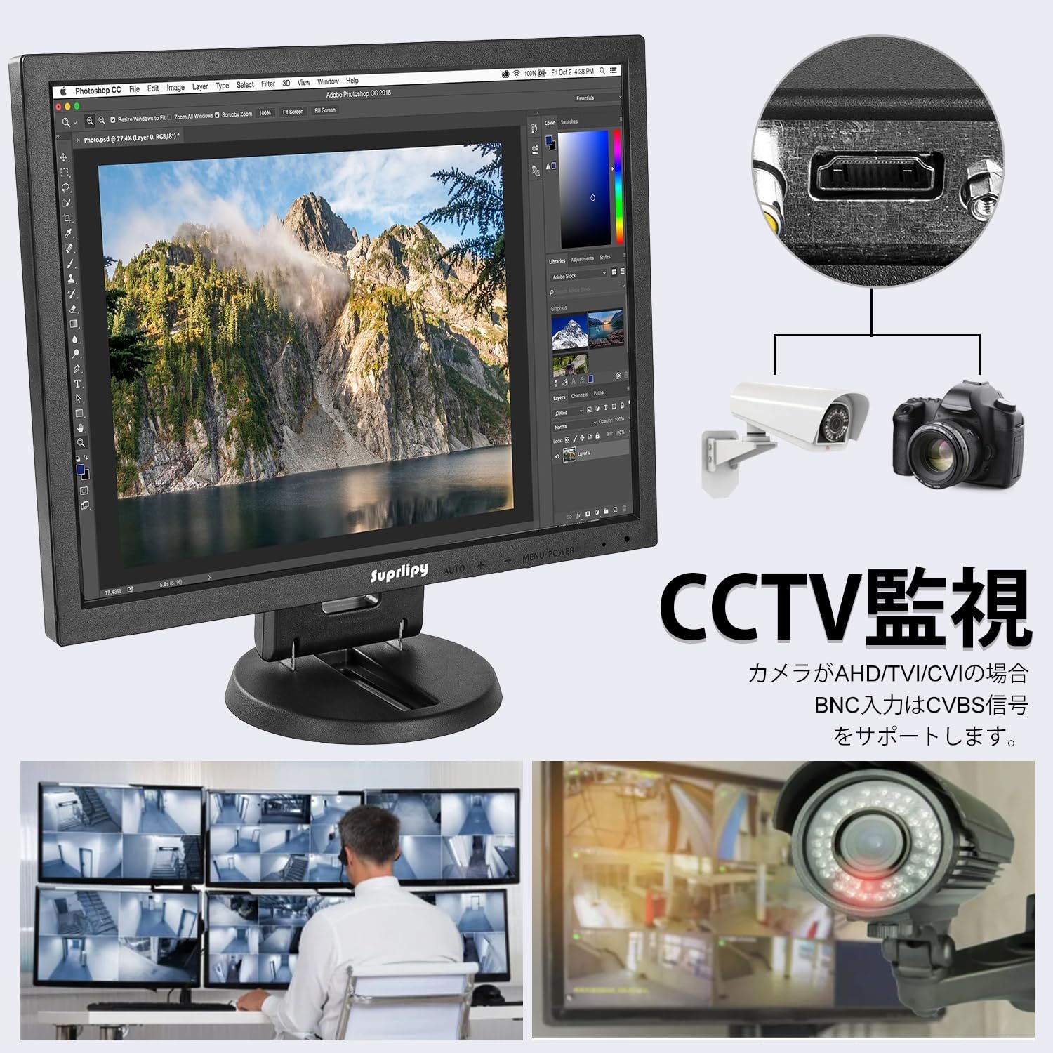 Suprlipy 14インチ TFT LCD 防犯CCTVモニター 1024x768 4 3 解像度 ディスプレイスクリーン HDMI VGA BNC AV入力 リモコン 内蔵スピーカー付属 監視カメラ DVR PC用 SKLAD-KIRPICHA_RU
