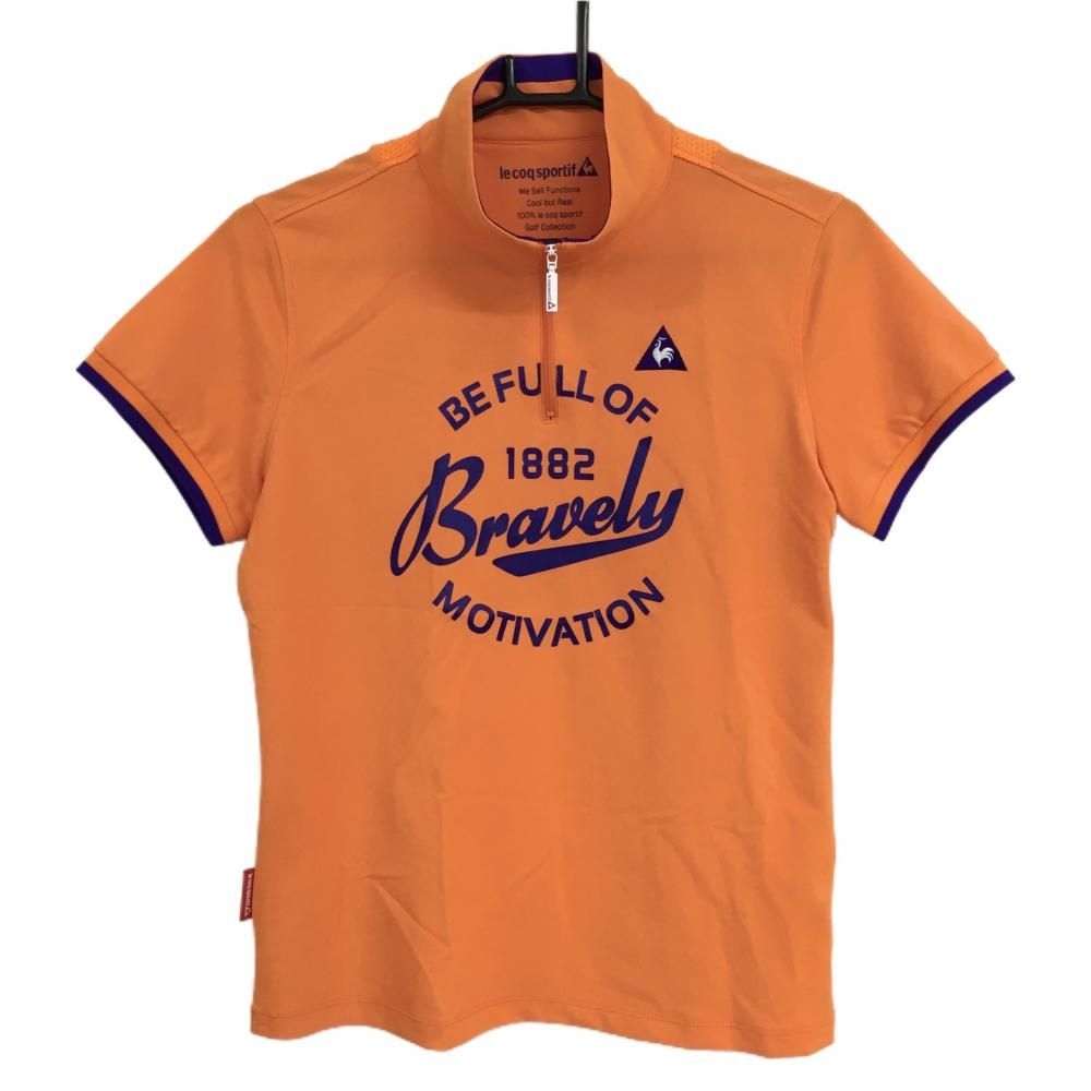 激安買い取り ルコック 半袖ハイネックシャツ オレンジ×パープルネイビー ハーフジップ ロゴプリント レディース L ゴルフウェア le coq sportif