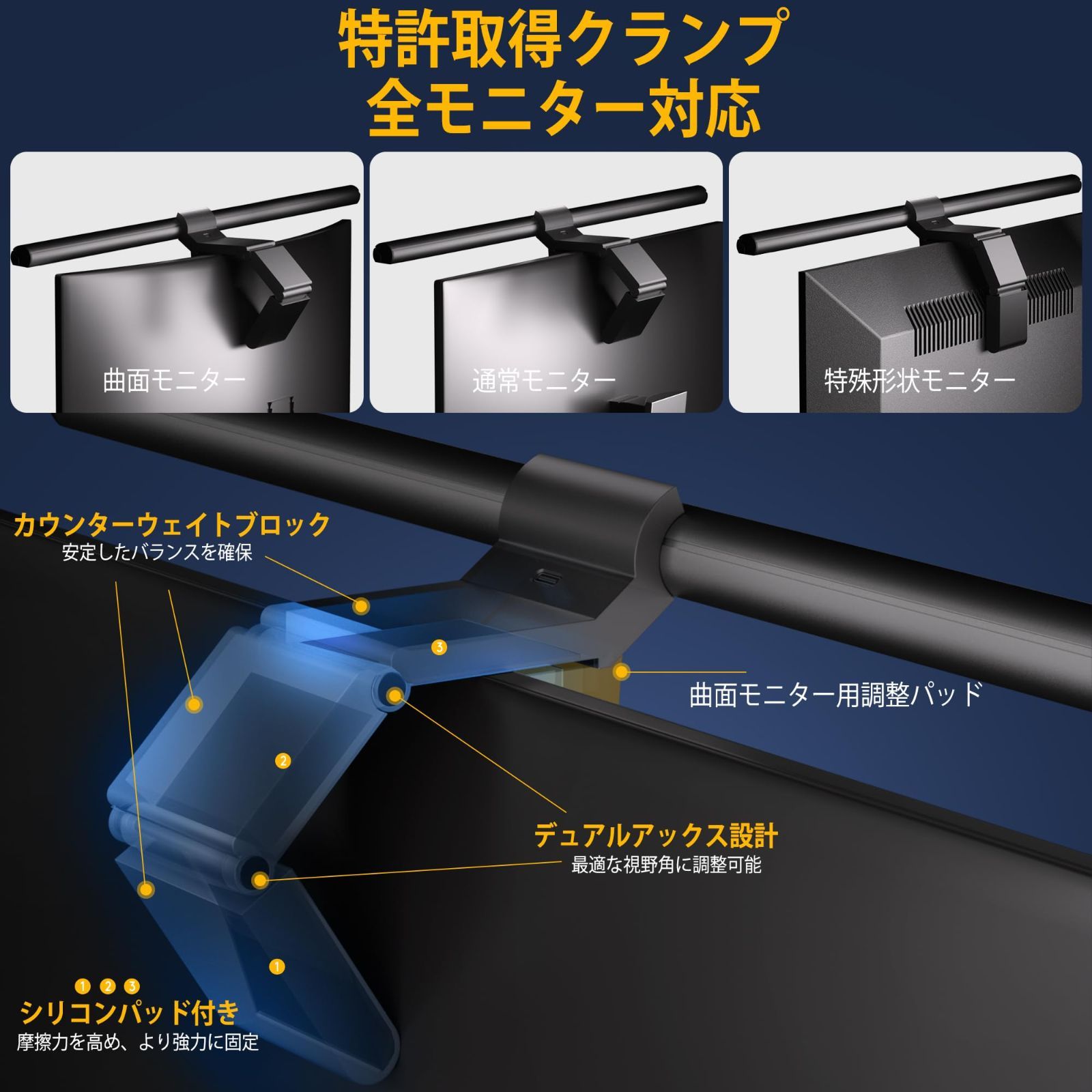【往復送料無料】 在宅ワーク ゲーミング対応 ブルーライトカット USB充電 スクリーンランプ 非対称光 曲面モニター対応 PC照明 無線リモコン付き 52cm センサー検知機能 Radar 自動調光 モニターライト Quntis