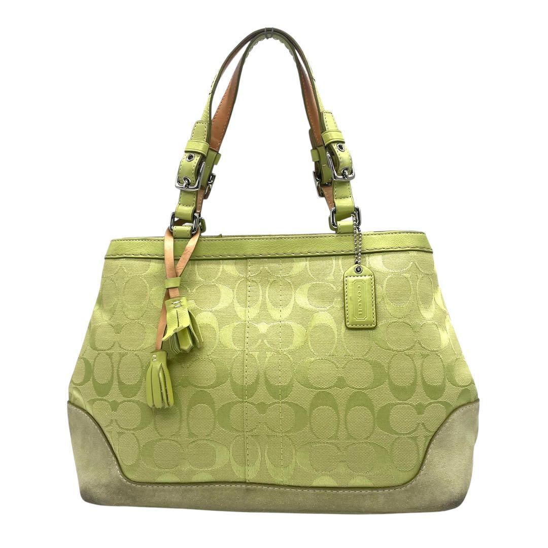 コーチ ハンドバッグ 黄緑 シグネチャー タッセル チャーム キャンバス スエード レザー トートバッグ グリーン レディース 6830