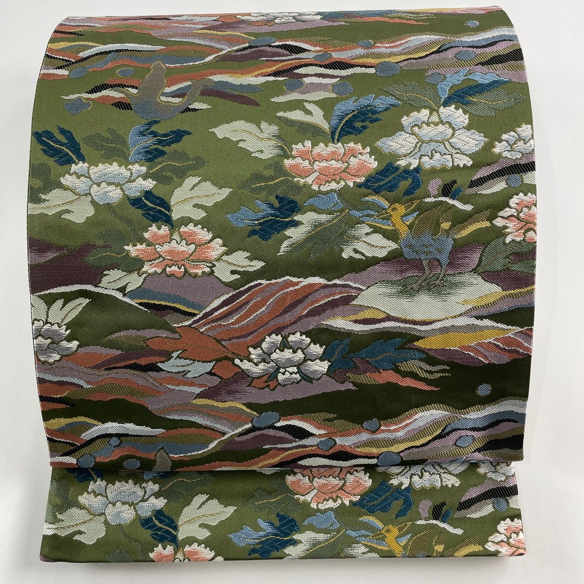 袋帯 名品 草花 鳥 箔 唐織 鶯色 六通 正絹