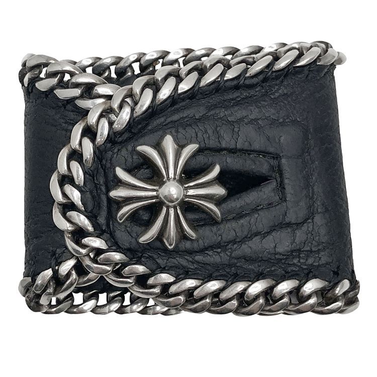 Chrome Hearts クロムハーツ LTHR PSL CHプラスチャーム レザーブレスレット ブラック SV925 シルバー
