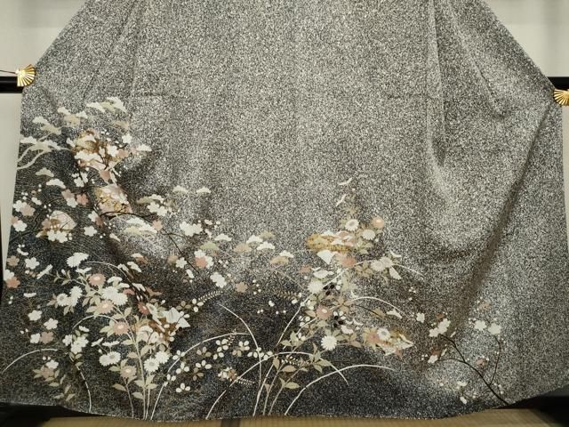 平和屋着物○訪問着 花松冊子文 たたき染め 黒地 金彩 正絹 逸品