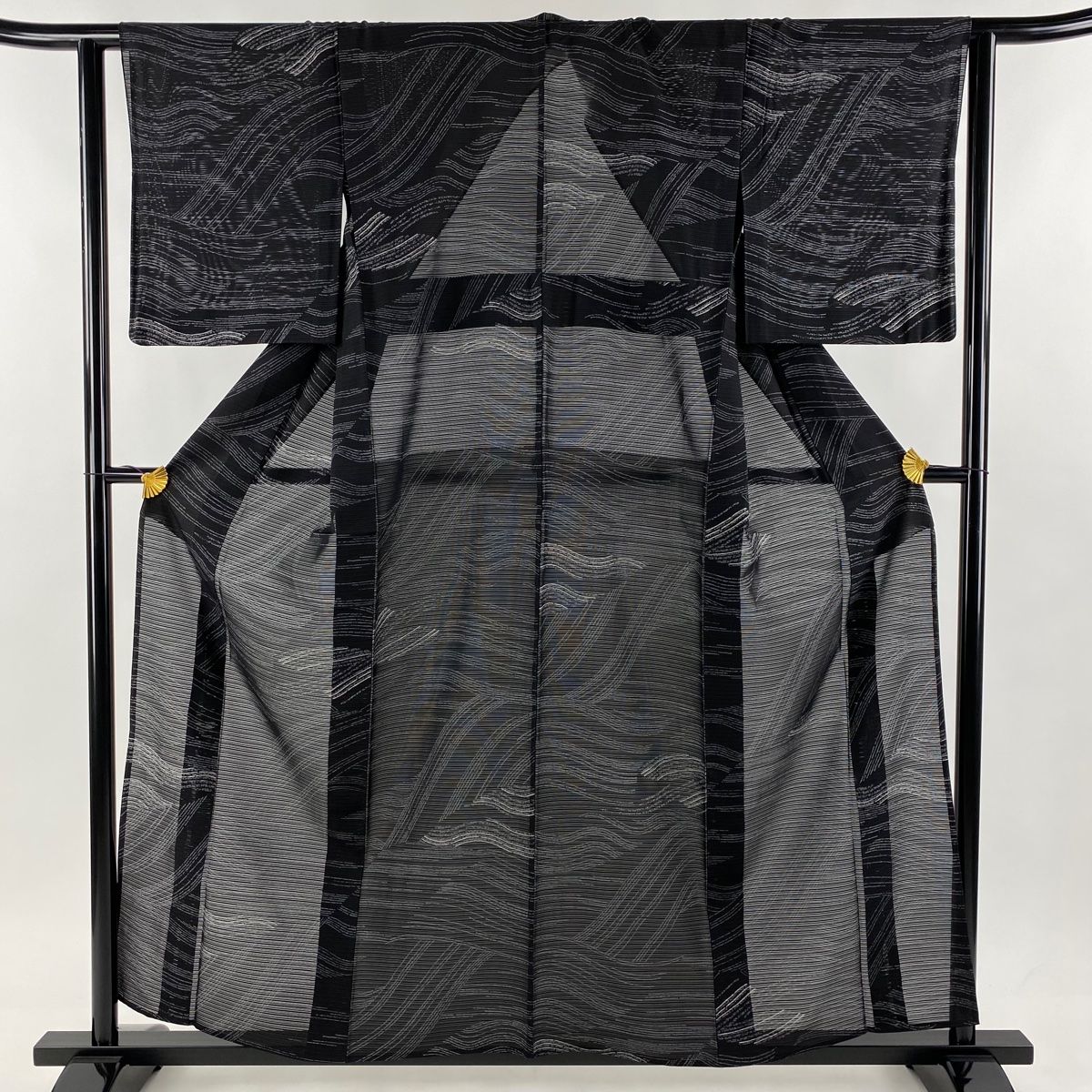小紋 身丈158cm 裄丈62cm S 薄物 絽 波 銀彩 黒 正絹 秀品