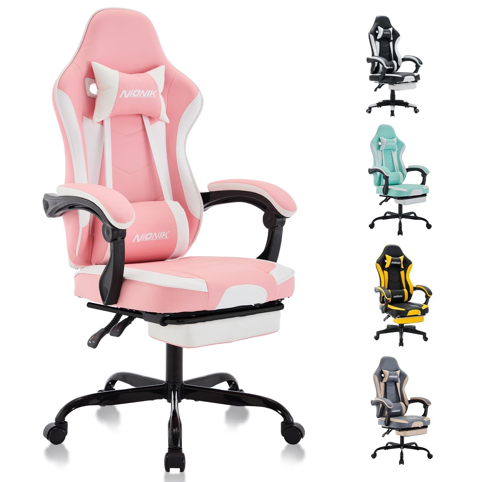 在庫処分 chair 白 可愛い gaming PCチェア チェア 多機能 ゲーム用 135°リクライニング ハイバック PCゲーミングチェア 連動ひじ掛け 静音キャスター 高さ調節でき オフェスチェア パソコンチェア デスクチェア 勉強椅子 オットマン付き