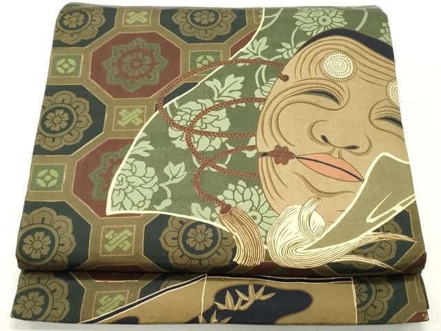 平和屋着物●アンティーク 大正ロマン 両面 全通柄京袋帯 蜀江色紙面文 正絹 DAAW6844ob
