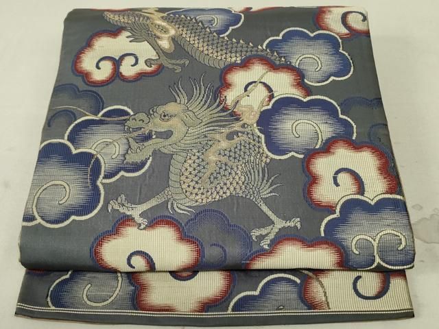 平和屋着物○アンティーク 大正ロマン 六通柄袋帯 龍 金銀糸 引き抜き  