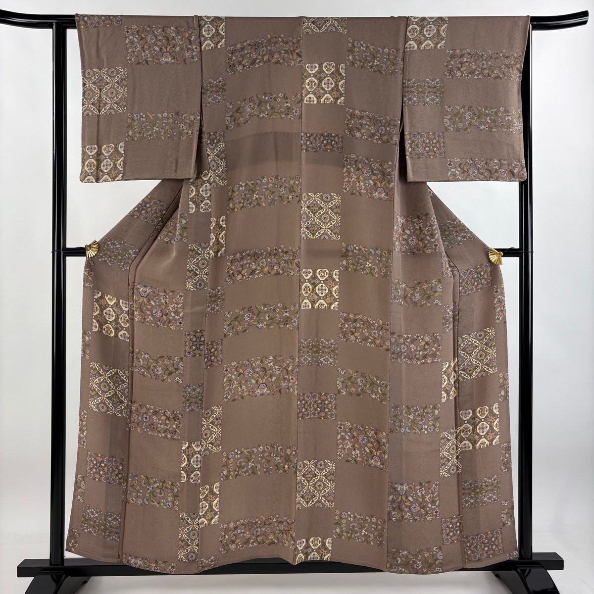 小紋 身丈156.5cm 裄丈63.5cm S 単衣 草花 華文 縮緬 薄小豆 正絹 秀品