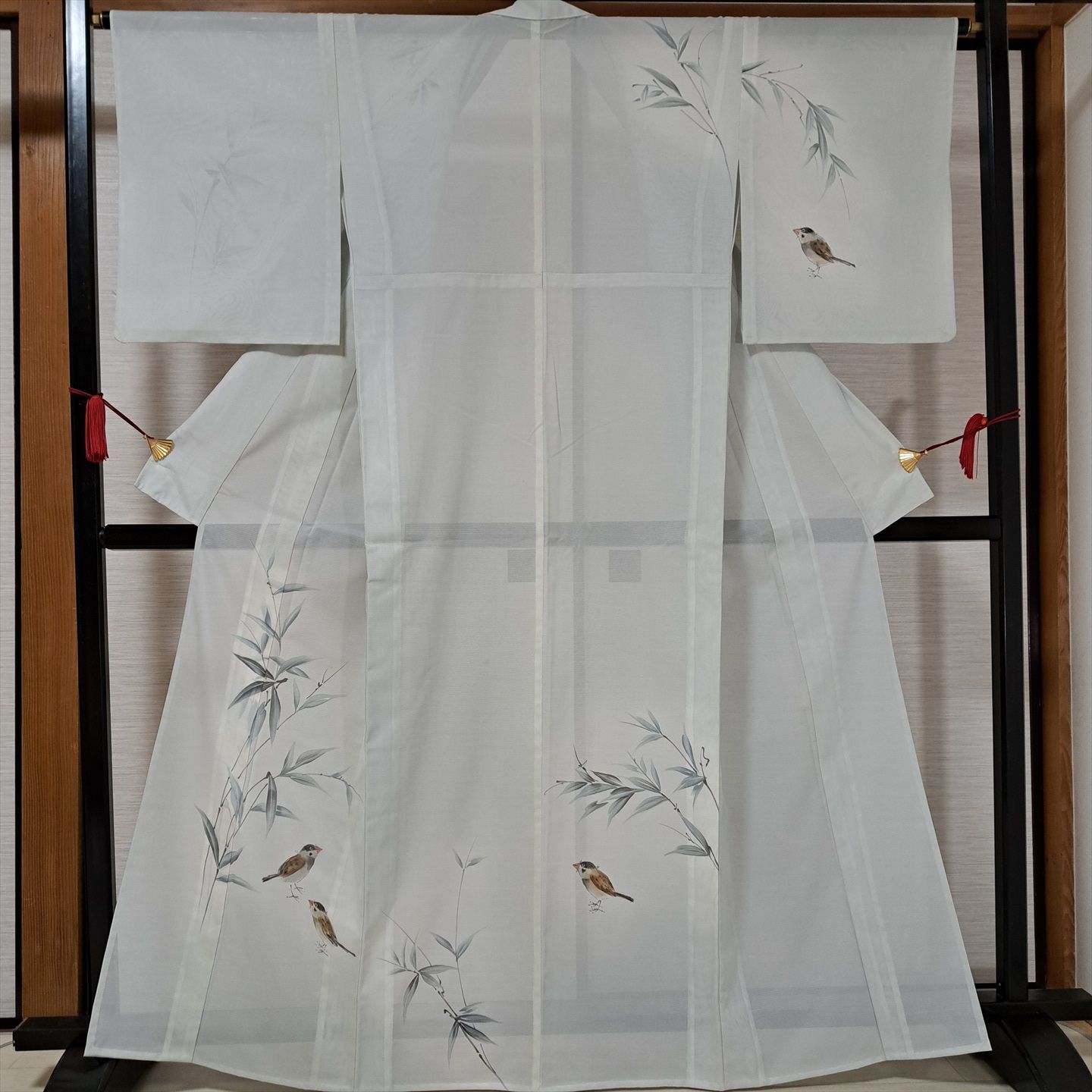 裄64.5 身丈164.5 袖51 鳥好きさん必見！ 付下げ 夏着物 絽 雀