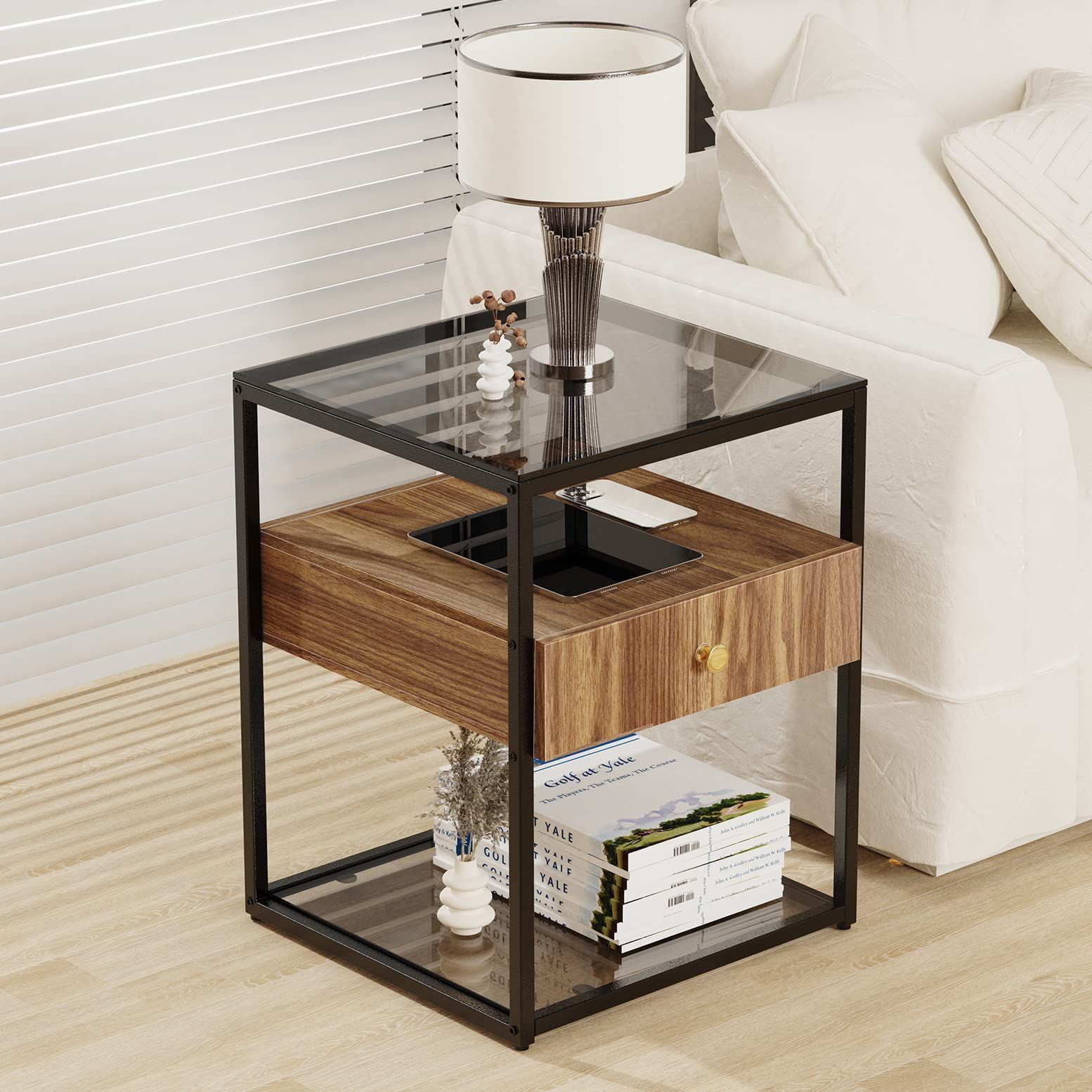 在庫処分 Artloge サイドテーブル ナイトテーブル 引き出し ガラス ベッドサイドテーブル おしゃれ ソファ横 ベッド横 サイドチェスト 収納 北欧 コンパクト 幅43×奥行43×高さ54㎝