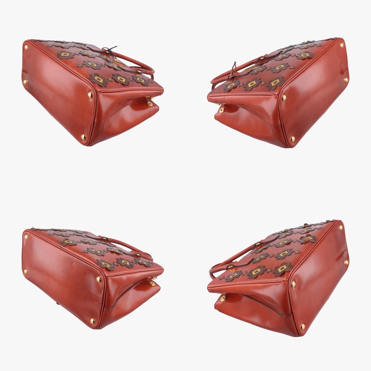 プラダPradaミディアムフローラルアップリケダブルジップレッド×ブラウン×イエローパテントB2274F25