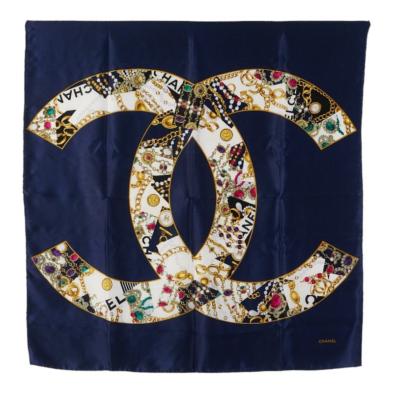 シャネル ココマーク 宝石 モチーフ ネイビー ゴールド マルチカラー シルク レディース CHANEL 1-0229945
