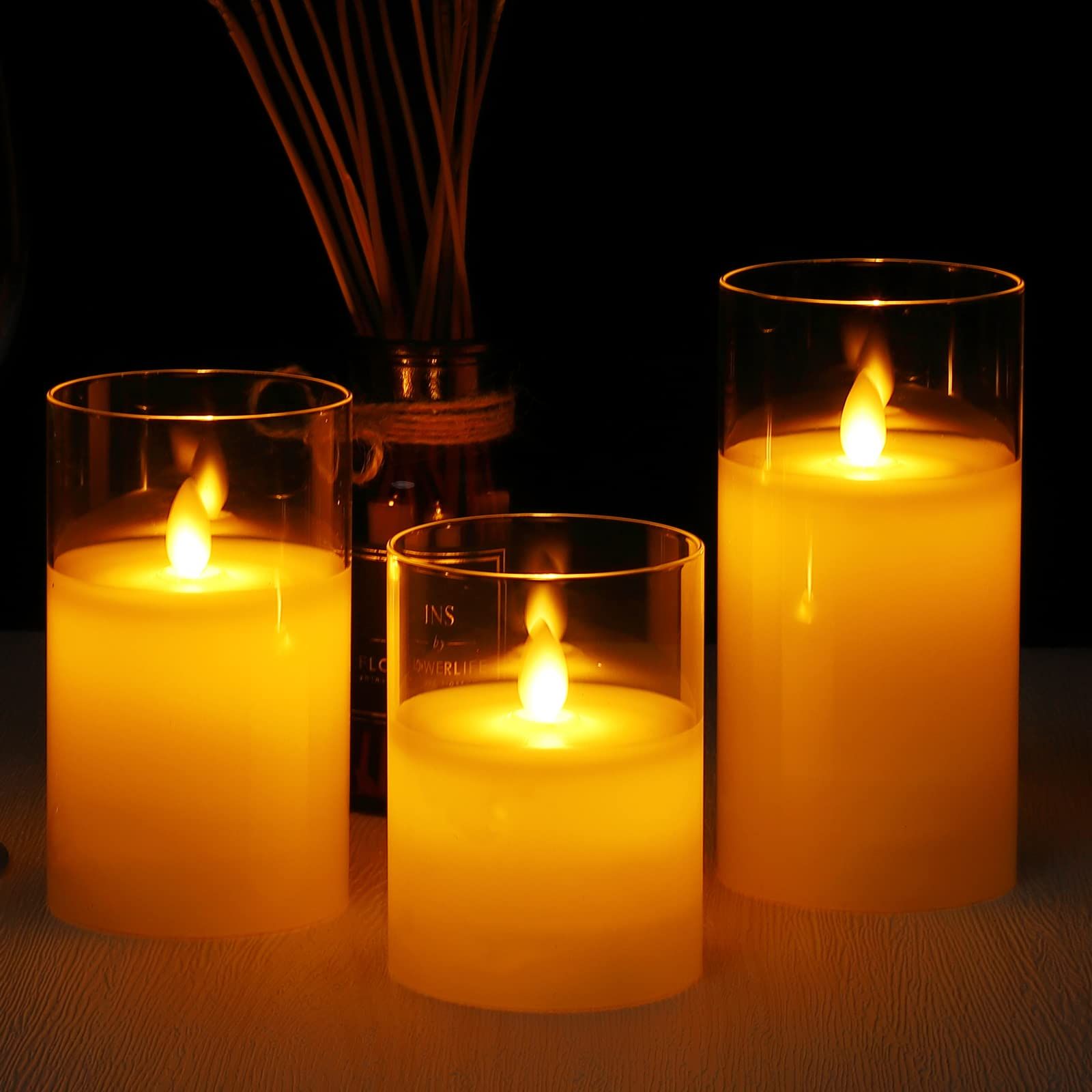 【迅速発送】Litake LEDキャンドルライト クリアガラス 電池式 専用リモコン付 3点セット ろうそく おしゃれ 癒し 無香料 揺らぐ炎 誕生日 クリスマス パーティー glass