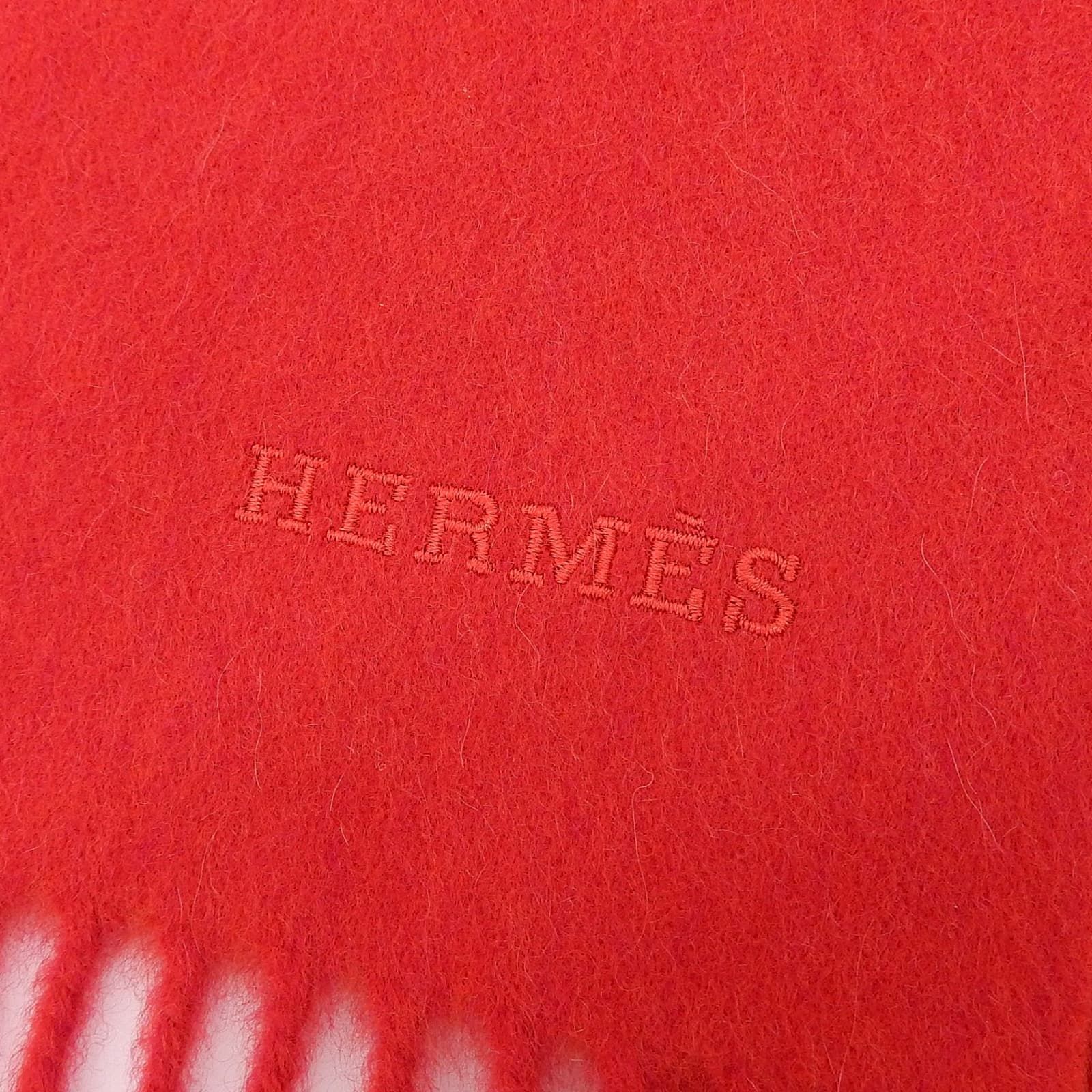 極美品△HERMES エルメス カシミヤ100％ ロゴ刺繡 フリンジ付き  