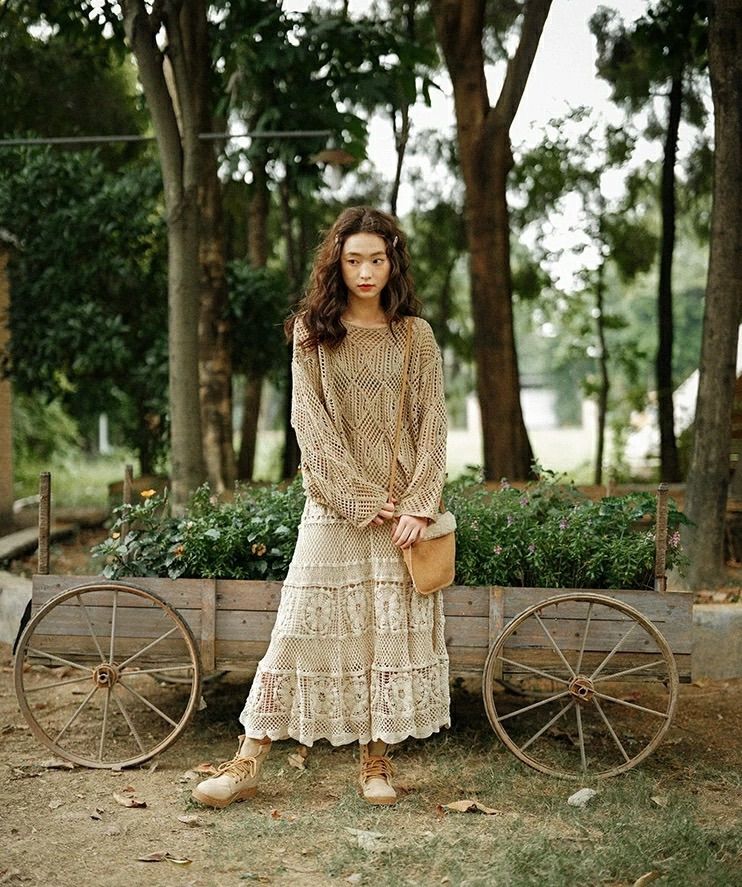 春新作 レディース ざっくり編み ロング スカート モチーフ編み 癒し