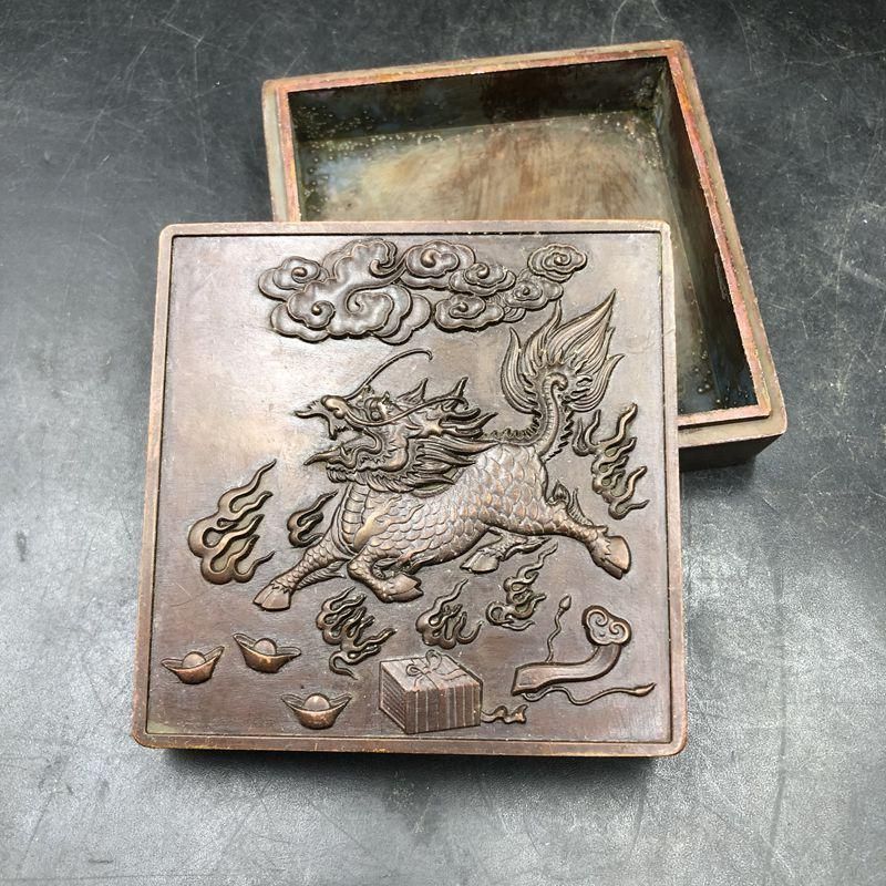 銅製 麒麟  書道具 文房具  置物  装飾品   工芸品 美術品 銅製 麒麟元宝墨盒 印泥盒 書道具 文房具 装飾品 工芸品 置物
