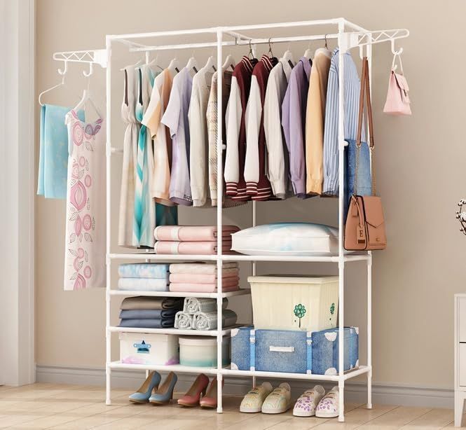 【在庫処分】ハンガーラック 洋服ラック 2段 棚付き 幅108×奥行36×高さ170cm 頑丈 コート掛け 衣類収納 室内物干し ハンガー 自立型 一人暮らし シンプル (ホワイト)